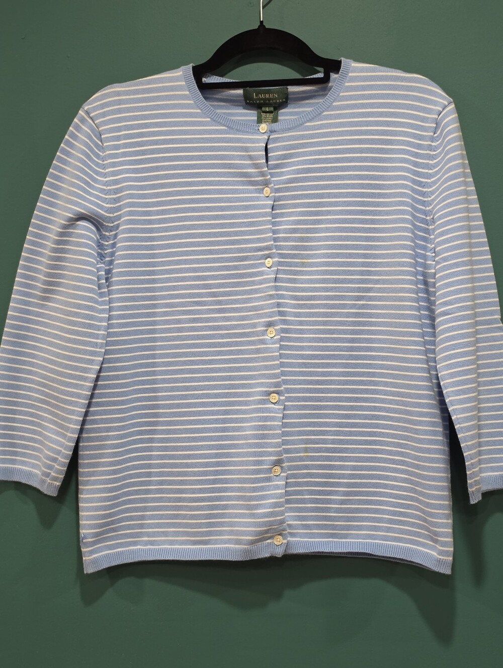 Lauren Ralph Lauren Blue White Striped Cardigan Sweater Large